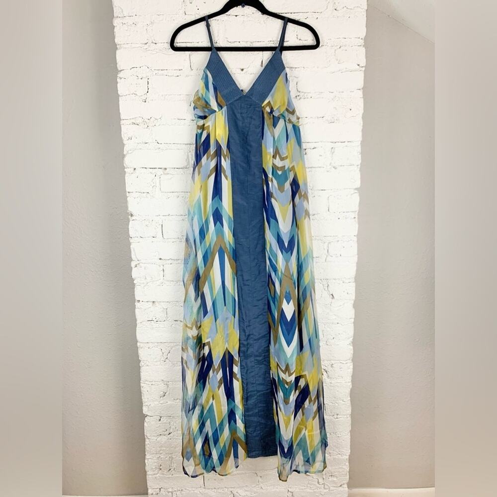 Isabel Lu Silk Printed Blue Chevron Maxi Dress Medium
